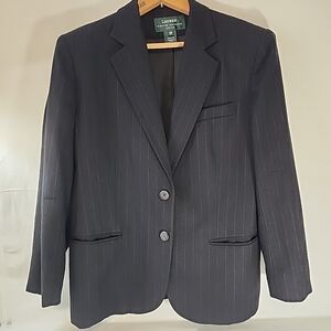 Vtg Lauren Ralph Lauren Sz 12P Worsted Wool Black Pinstripe lined Blazer EUC